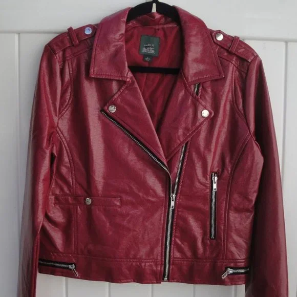 Wild Fable Womens Full Zipper Faux Leather Jacket Size Large Red Moto Cropped - Picture 4 of 4